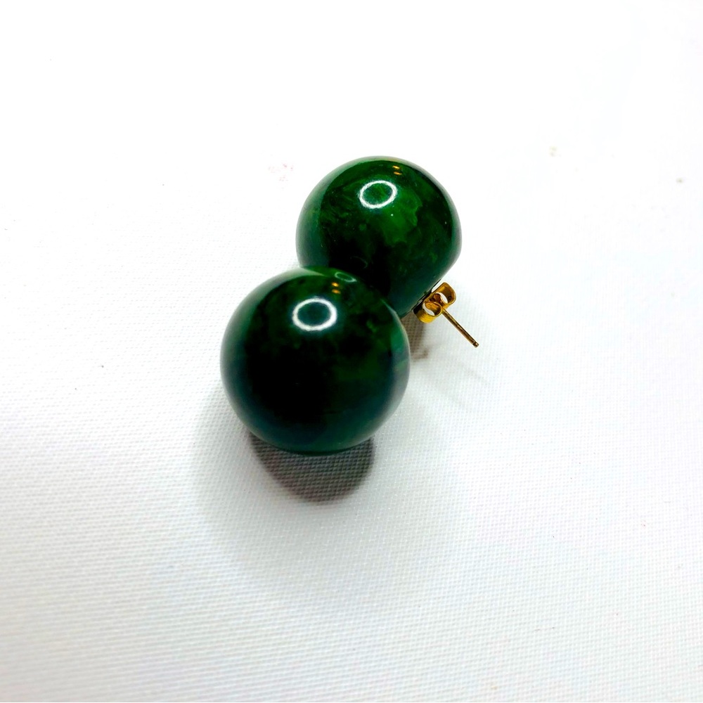 VTG 60s Post Earrings Dark Green Oversized Circular Bead, Lightweight .75” Width